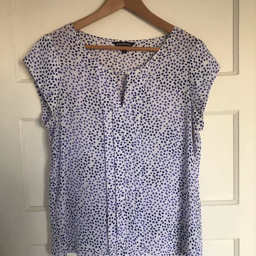Express Blue Dot White Short Sleeve Blouse